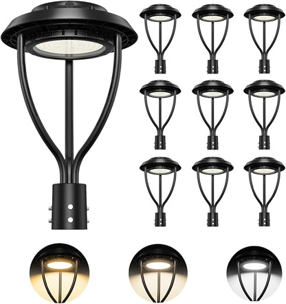 10Pack LED Post Top Light with Photocell, 100W 80W 60W Adjustable, 15000LM Adjustable CCT 3000/4000/5000K Outdoor Pole Lights, IP65 Waterproof Commercial LED Post Light Fixture ETL DLC Listed