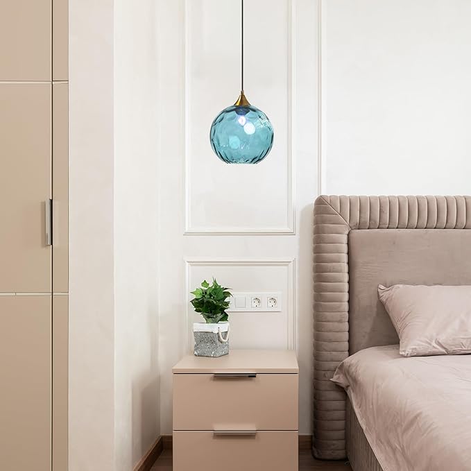 7.8 Inches Blue Glass Globe Pendant Lights Fixtures E26 Modern Farmhouse Glass Ball Pendant Lighting with Gold Brass Finish (Blue)
