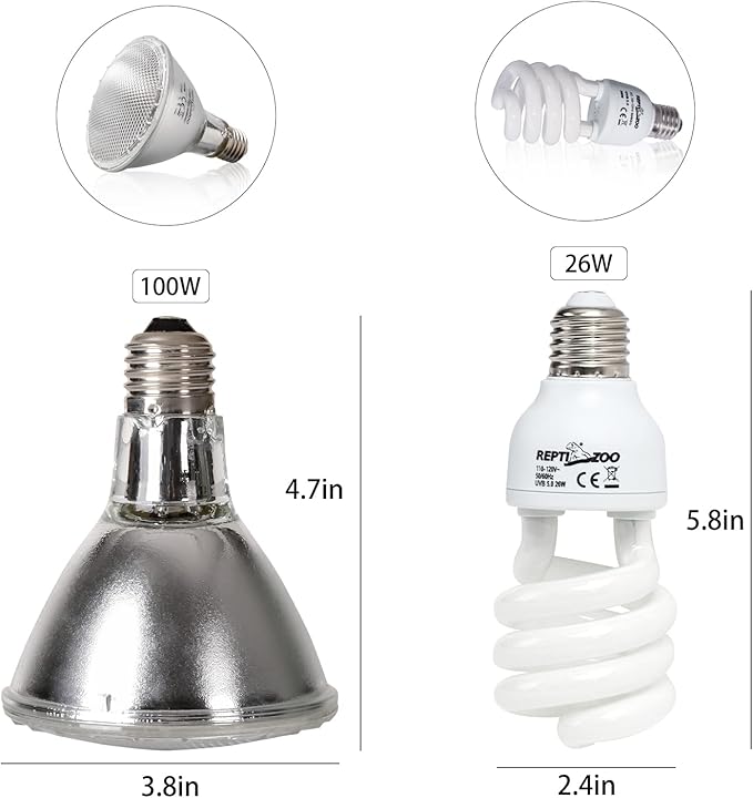 REPTI ZOO Reptile Heat Lamp Reptile Light Fixture Combo Pack, 100W UVA Turtle Basking Spot Lamp Reptile Heat Bulb & 26W UVA UVB Reptile Light Fluorescent UVB Bulb 5.0