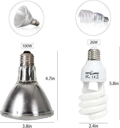 REPTI ZOO Reptile Heat Lamp Reptile Light Fixture Combo Pack, 100W UVA Turtle Basking Spot Lamp Reptile Heat Bulb & 26W UVA UVB Reptile Light Fluorescent UVB Bulb 5.0