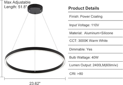 Modern Led Chandelier, 1 Ring Contemporary Led Chandelier Circular Pendant Light, Black Dimmable Hanging Ceiling Light Fixture for Living Room Dining Room Bedroom Kitchen