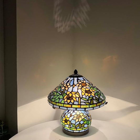 Bieye L10907 Tiffany Style Stained Glass Mushroom-Shaped Double Lit Table Lamp for Home Decor (10-inch, Yellow Sunflower)