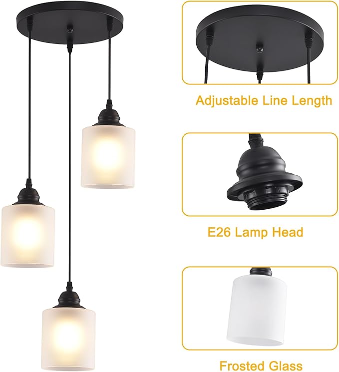 3 Lights Industrial Pendant Light with Glass Shade Matte Black Pendant Lighting Adjustable Industrial Retro Style Hanging Light,Kitchen Island Farmhouse Pendant Lights Fixtures for Kitchen,Farmhouse