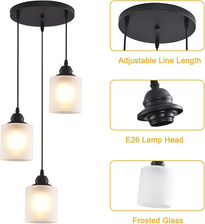 3 Lights Industrial Pendant Light with Glass Shade Matte Black Pendant Lighting Adjustable Industrial Retro Style Hanging Light,Kitchen Island Farmhouse Pendant Lights Fixtures for Kitchen,Farmhouse
