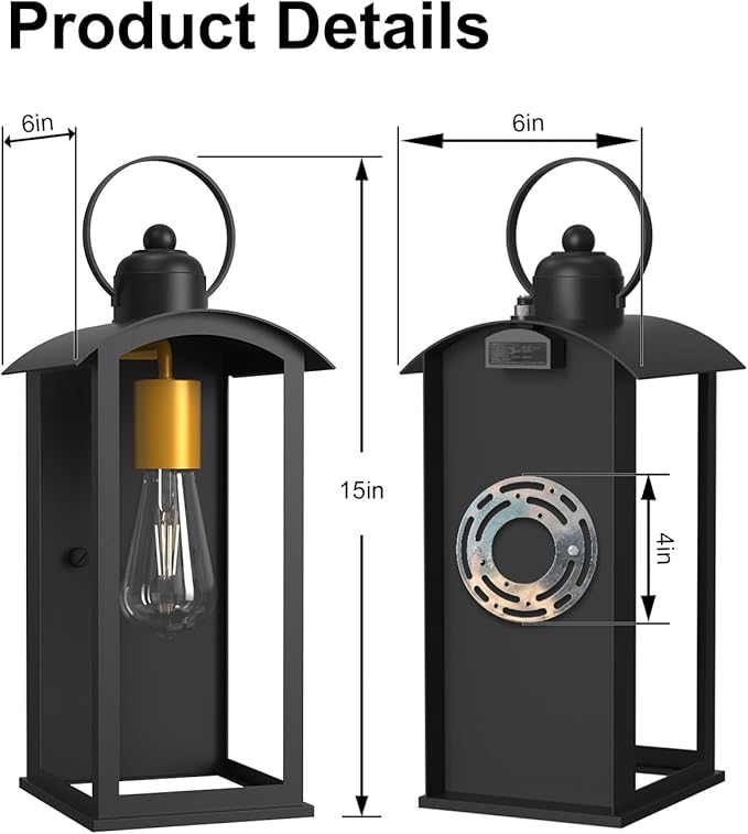 Dusk to Dawn Outdoor Wall Light Fixtures, 15inch Waterproof Patio Lanterns, Exterior Wall Mount Lantern Sconce with Glass, Black Wall Sconces for House Garage Front Door