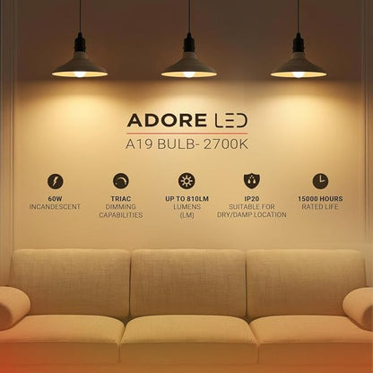 Havells Adore A19 Dimmable LED Bulb, 9W, 60W Equivalent, E26 Medium Base, 2700K Warm White, 810 Lumens, Pack of 24