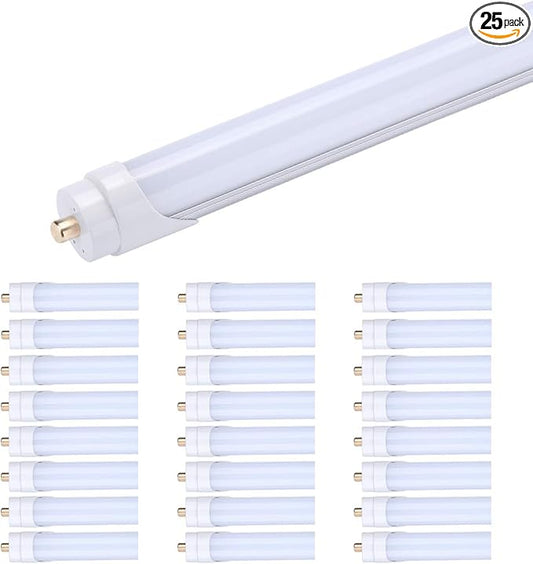 8ft 5000K T8 LED Tube Light for Garage Daylight White 45W Replacement 100 Watt Fluorescent Tube Lamp, Double-Ended Power, Frosted Cover, Single Pin FA8 Base Pack of 25