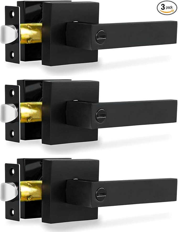 Privacy Door Levers, 3 Pack Matte Black Door Handles Heavy Duty Bed and Bath Door Locks Interior Keyless Locksets, Reversible for Left Right Handed Doors