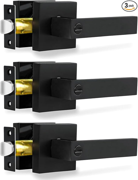 Privacy Door Levers, 3 Pack Matte Black Door Handles Heavy Duty Bed and Bath Door Locks Interior Keyless Locksets, Reversible for Left Right Handed Doors