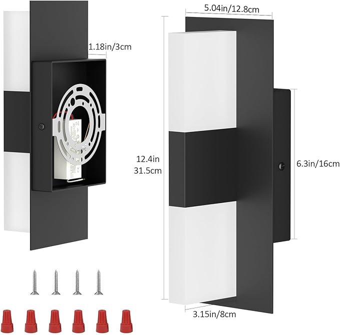12.4 inches Outdoor Led Wall Light, 30W 3000K Hardwired Porch & Patio Aluminum Sconces with Frosted Acrylic Lampshade,IP65 Waterproof Exterior Wall Lamp for Garage,Front Door(Black,2Pack)