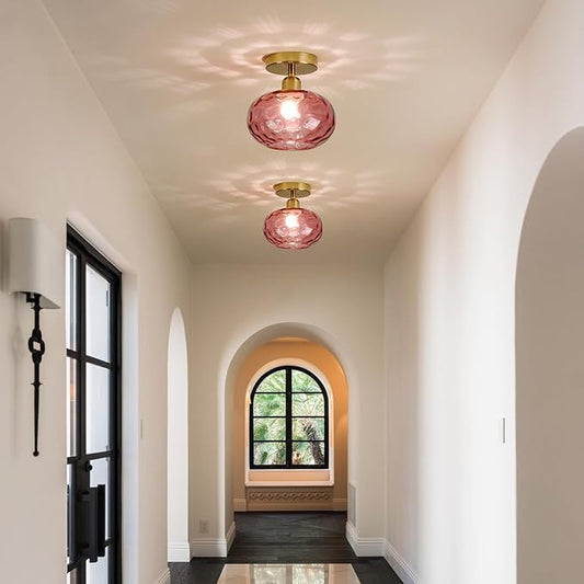 Red Glass Semi Flush Mount Ceiling Light - 7.9 Inch Hammered Art Deco Glass Small Hallway Light fixtures, Vintage Gold Flush Mount Ceiling Light for entryway Foyer Laundry Room Kitchen
