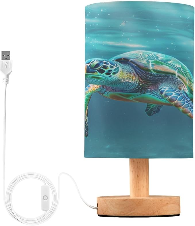 Bedside Lamp Turtle Teal Underwater Table Lamp for Bedroom LED Nightstand Lamp Shade USB Ports Wood Base for Living Room Dorm Office