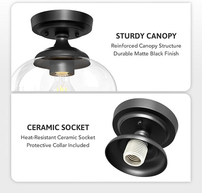VONLUCE Industrial Semi Flush Mount Ceiling Light, 8.3" Ceiling Light Fixture with Clear Glass Shade, Farmhouse Lighting for Hallway Kitchen Bedroom Entryway, Matte Black Flush Mount Light Fixture