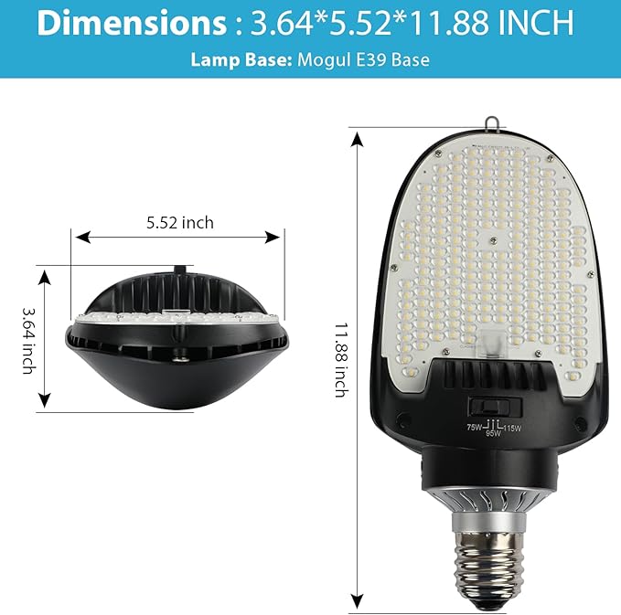 115W Retrofit LED Corn Light, 15500Lm Directional Bulb with Rotatable E39 Mogul Base, 5000K 180° Paddle Lamps, 75W/95W/115W Tunable, Replaces 400w Metal Halide for Parking Lot Shoebox Lighting, UL