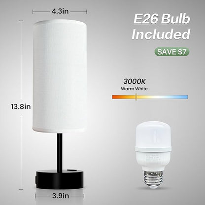KPQ Small Bedside Lamp Touch Control Table Lamp with USB A+C Charging Ports & AC Outlet 3-Way Dimmable Nightstand Lamp with Linen Fabric Shade for Bedroom Living Room