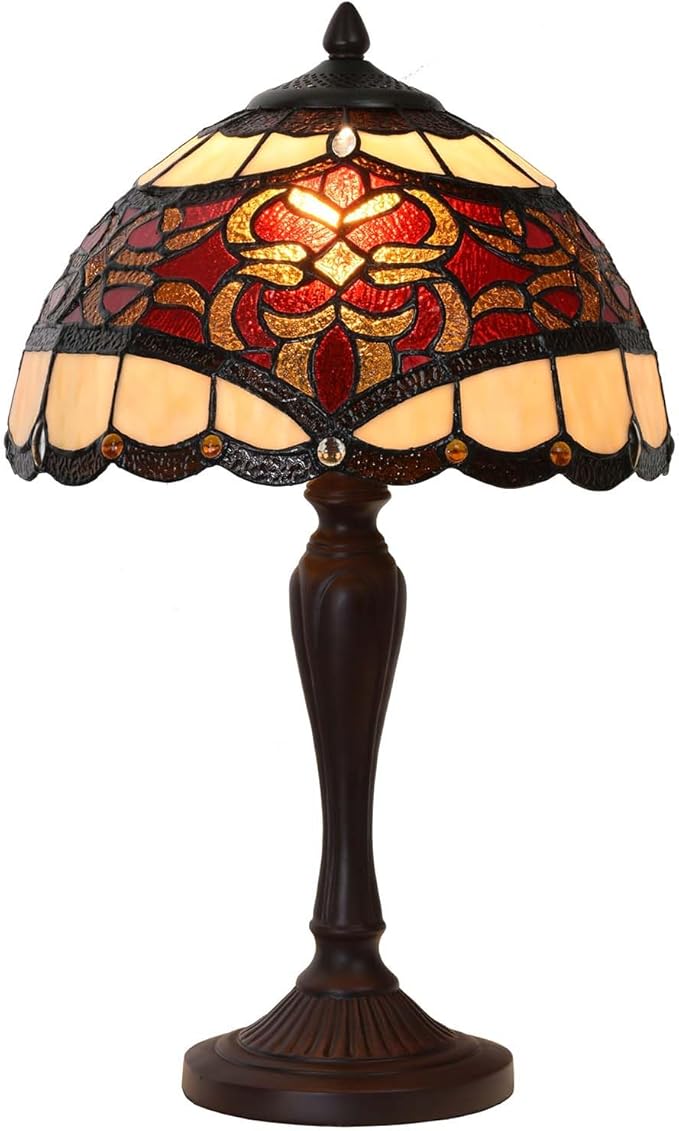 Bieye L10869 Baroque Tiffany Style Stained Glass Table Lamp for Home Decoration (12-inch, Red)