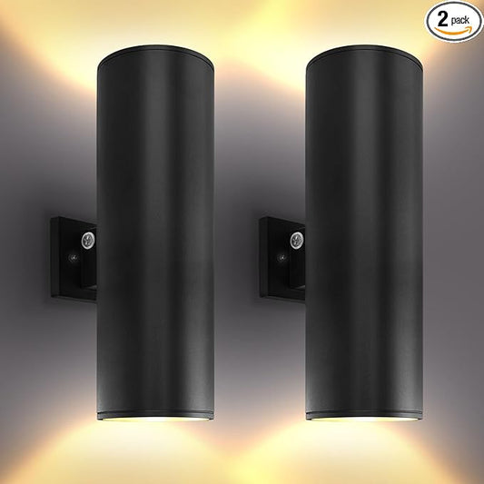 LUXRITE Dusk to Dawn LED Modern Outdoor Wall Lights, 18", Up or Up and Down Light, 3CCT 3000K-5000K, Waterproof Cylinder Wall Sconce, 20/30/40W, Dimmable, IP65, ETL - Porch Patio Garage (2 Pack)