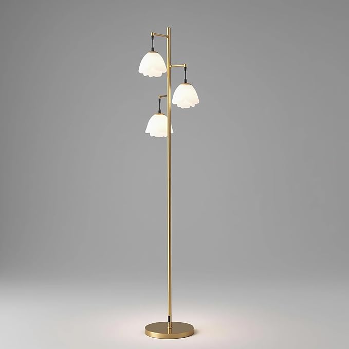 Fiqevs Flower Floor Lamp for Living Room, Mid Century Gold Floor Lamp with 3 Floral Shades and Bulbs Included, Elegant Standing Tree Lamp for Kids Room, Bedroom Office - Antique Brass