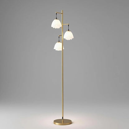 Fiqevs Flower Floor Lamp for Living Room, Mid Century Gold Floor Lamp with 3 Floral Shades and Bulbs Included, Elegant Standing Tree Lamp for Kids Room, Bedroom Office - Antique Brass