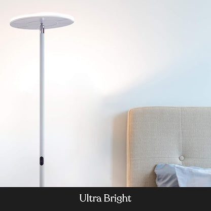 Brightech Sky Flux Dimmable LED Floor Lamp – Super Bright Floor Lamp with 3 Light Modes for Living Room, Office – Torchiere Standing Touch-Lamp, Tall Torch Lamp for Bedroom & Reading - White