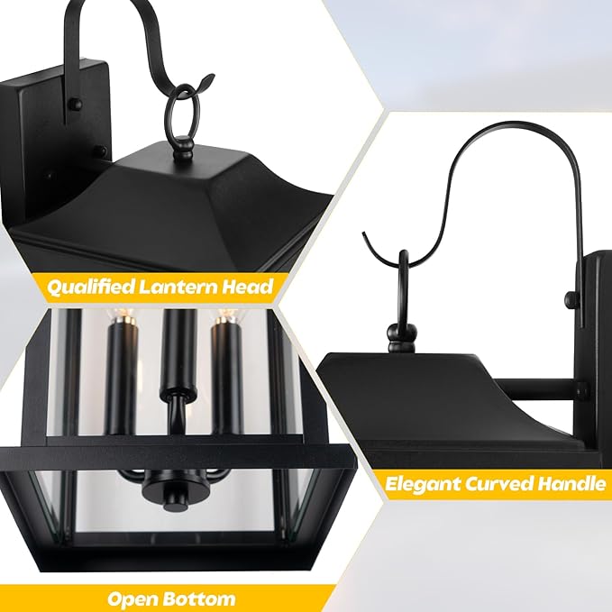23” Extra Large 3-Light Outdoor Light Fixture 1-Pack, IP65 Waterproof Exterior Light Fixture with Clear Tempered Glass Modern Outside Wall Mount Lamp Matte Black Front Porch Lantern, E12