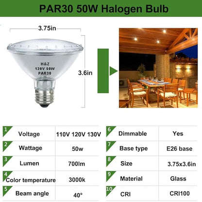 H&Z Par30 Short Neck, 6 Pack High Output Par30s Halogen 50W 120V, Par30 Dimmable Warm White 3000K, 50W Par30 Flood Light with E26 Medium Base for Recessed Trim Lighting, Track Light