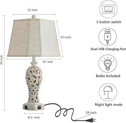 Set of 2 Rustic Table Lamps for Living Room Bedroom, Farmhouse Vintage Nightstand Lamp with 2 USB Ports, Hollow Out Resin Lamp for End Table with Nightlight, Bulbs Included (Wash White)