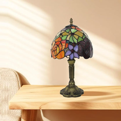 Small Tiffany Table Lamp 8" Flower Design Stained Glass Shade Red Yellow Floral Multi-Color 14.6" Tall Vintage Bedside Light for Living Room Sofa Side Bedroom nightstand