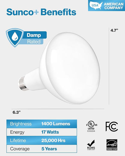 Sunco 8 Pack BR40 LED Light Bulbs, Indoor Flood Lights, Recessed Can Light Bulb, 1400 LM, 17W (100W Equivalent), 5000K Daylight, Dimmable, E26 Base, for Home, Bedroom, Kitchen UL.