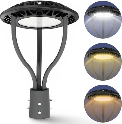 LED Post Top Light with Dusk to Dawn Photocell, 80W/100W/120W/150W Power Tunable, 3CCT 3000K/4000K/5000K Outdoor Post Pole Lights, IP65 LED Circular Area Light for Garden Yard Street, ETL DLC Listed