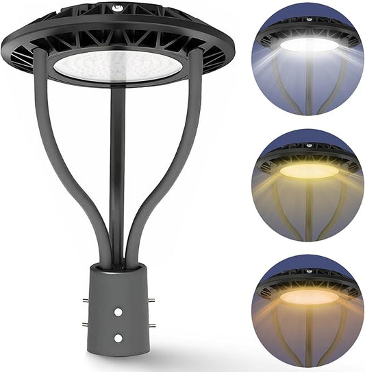 LED Post Top Light with Dusk to Dawn Photocell, 80W/100W/120W/150W Power Tunable, 3CCT 3000K/4000K/5000K Outdoor Post Pole Lights, IP65 LED Circular Area Light for Garden Yard Street, ETL DLC Listed