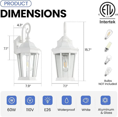 Outdoor Wall Lantern, Waterproof Exterior Wall Light Fixtures, Outdoor Porch Light Fixtures Wall Mount in White Finish with Clear Glass, Aluminum Alloy, 60W