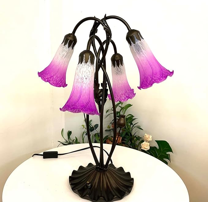 Bieye L10851 Lily Flower Blown Glass Accent Table Lamp for Living Room Bedroom Decoration (4-Light, Purple)