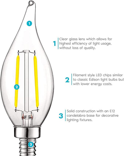 LUXRITE 4W Vintage Candelabra LED Bulbs Dimmable, 400 Lumens, 5000K Bright White, LED Chandelier Light Bulbs 40W Equivalent, Flame Clear Glass, Filament LED Candle Bulb, UL Listed, E12 Base (12 Pack)