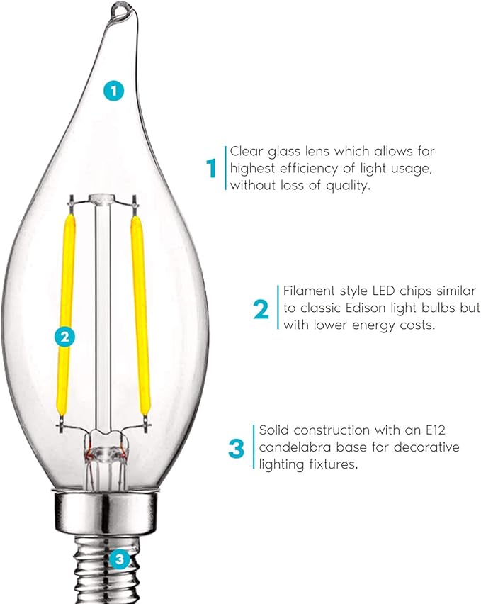 LUXRITE 4W Vintage Candelabra LED Bulbs Dimmable, 400 Lumens, 5000K Bright White, LED Chandelier Light Bulbs 40W Equivalent, Flame Clear Glass, Filament Candle Bulb, UL Listed, E12 Base (24 Pack)