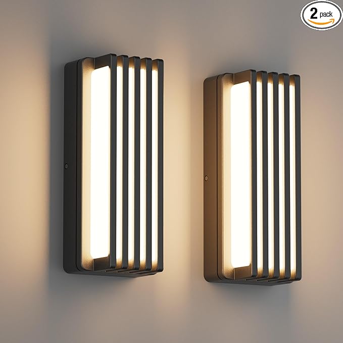 2 Pack Outdoor Modern LED Wall Lights, Waterproof IP65 LED Exterior Lighting Fixtures Wall Mount, 3000K Decorative Wall Sconce for House Outside Garage Porch Courtyard