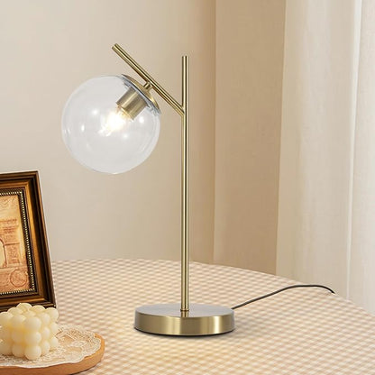 Mid Century Modern Table Lamp, Contemporary Metal Brass Bedside Lamps with Clear Glass lampshade, Gold Globe Nightstand Lamp for Bedroom Living Room Study Room