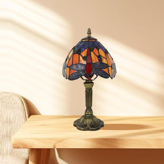 8 inch Dragonfly Stained Glass Style Table lamp Vintage Small Blue Orange Multi-Colored Shade Light Home livingroom Bedroom Bedside Light Desk Decor Decoration 14.6" Tall