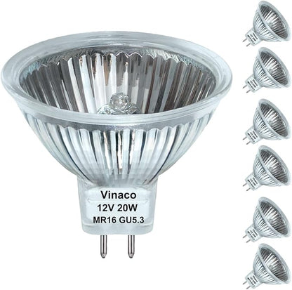 Vinaco 6 Pack MR16 Halogen Bulb 20W 12V, 2800K Warm White, Dimmable, GU5.3 Base, 300 Lumens, 3000 Hour Life, Indoor/Outdoor