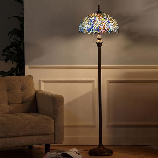Blue Glass Tiffany Floor Lamp Baroque Vintage Standing Lamp with Pull Chain Traditional Stained Glass Floor Standing Reading Light for Living Room Bedroom Home Office Farmhouse