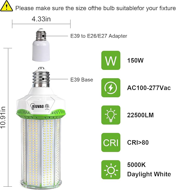 2 Pack 150W LED Corn Light Bulb 225000LM 5000K Daylight Super Bright LED Corn Bulbs, E26/E39 Base Light Bulb for Warehouse, Workshop, Garage, High Bay Indoor Outdoor Lighting
