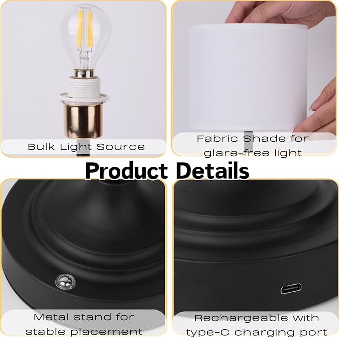 Rechargeable Table Lamp, Cordless Touch Lamps, Portable Desk Light with Stepless Dimmable Brightness & Fabric Shade for Nightstand Bedside Living Room (Black, Straight)