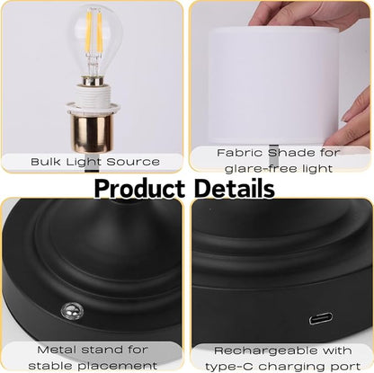 Rechargeable Table Lamp, Cordless Touch Lamps, Portable Desk Light with Stepless Dimmable Brightness & Fabric Shade for Nightstand Bedside Living Room (Black, Straight)