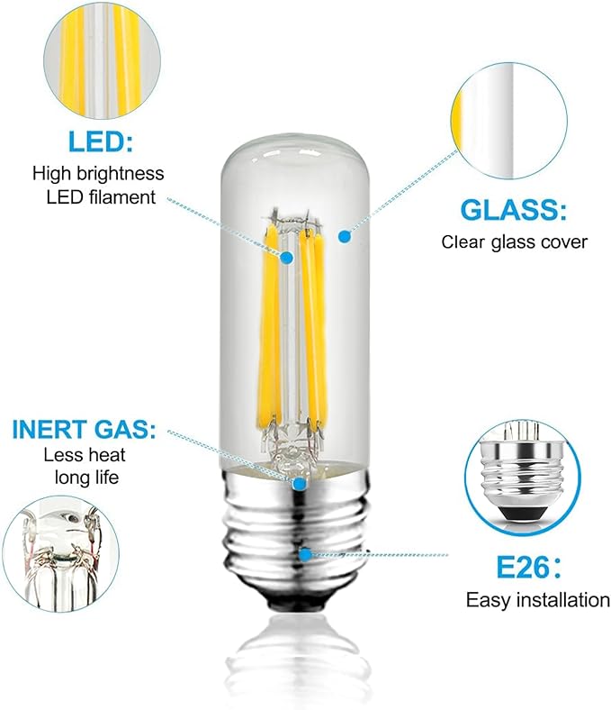 3.2 Inch E26 LED Bulb 60 Watt Equivalent, 3000K Warm White Edison Bulbs Dimmable, AC 120V 600LM T10/T9 Clear Glass Filament Light Bulbs for Pendant Wall Pipe Lights UL Certified-4 Pack