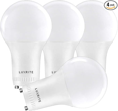 LUXRITE A19 LED GU24 Light Bulb, 60W Equivalent, 4000K Cool White, Enclosed Fixture Rated, 800 Lumens, Dimmable Twist Lock Light Bulbs, Damp Rated, UL Listed, GU24 Base (4 Pack)