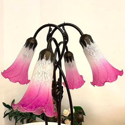 Bieye L10848 Lily Flower Blown Glass Accent Table Lamp for Living Room Bedroom Decoration (4-Light, Pink)