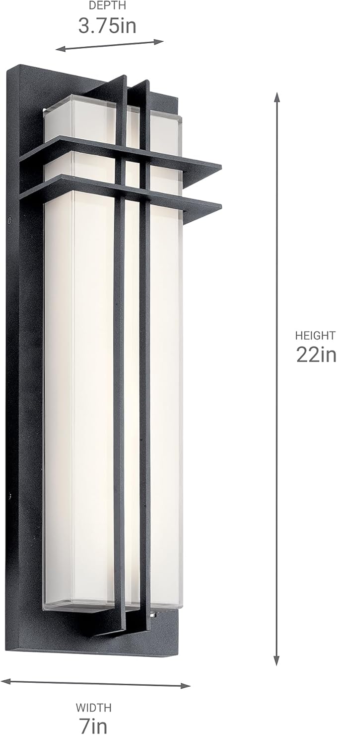 Kichler Manhattan 22" Outdoor LED Wall Light in Textured Black, 1-Light Exterior Wall Sconce with White Glass, ("22" H x 7" W), 49298BKTLED