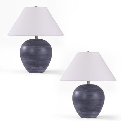 Farmhouse Ceramic Table Lamp Set of 2, 18" Rustic Table Lamp with Linen Shade, Bedside Nightstand Lamps for Bedroom, Living Room, E26 Socket, Black with White Striped