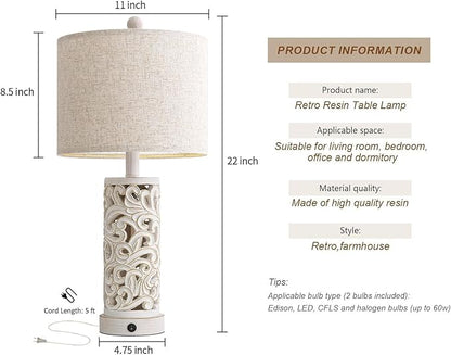 OYEARS 22'' Table Lamp Set of 2 for Living Room,Farmhouse Lamp for for Bedroom,Vintage Retro Bedside Lamps with USB Ports Linen Shade for Home Office (Wash White, Bulb Included)