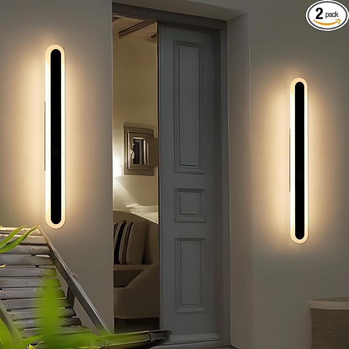 2 Pack 31.4inch Modern Outdoor LED Wall Sconce, 3000K Warm White, Black Oval Exterior Wall Light Fixture, 31W, IP65 Waterproof Long Strip Led Lighting for Porch, Patio, Garage, Yard